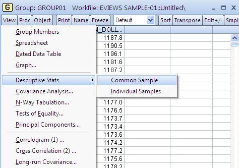 EViews 에서의그룹 (Group) 선택된그룹 (Group) 에대한기초통계량을구하기위하여 View/Descriptive Stats/Common Sample