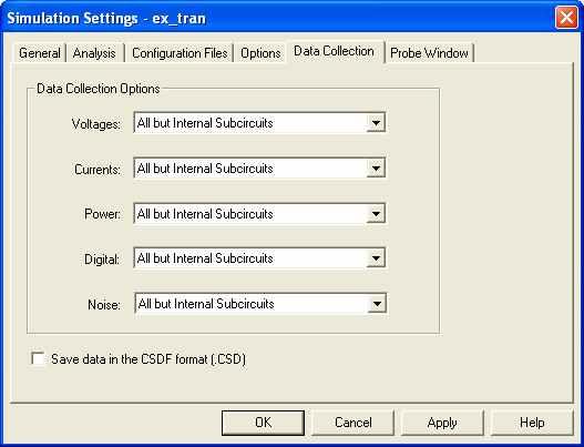 NUMDG Digit Display 비트수 (5) Data Collection 회로도에서수집할데이터종류선택. Voltages, Currents, Power, Digital, Noise - At Markers Only : Marker에의해 Schematics 화면상에표시한노드데이터만을저장한다.