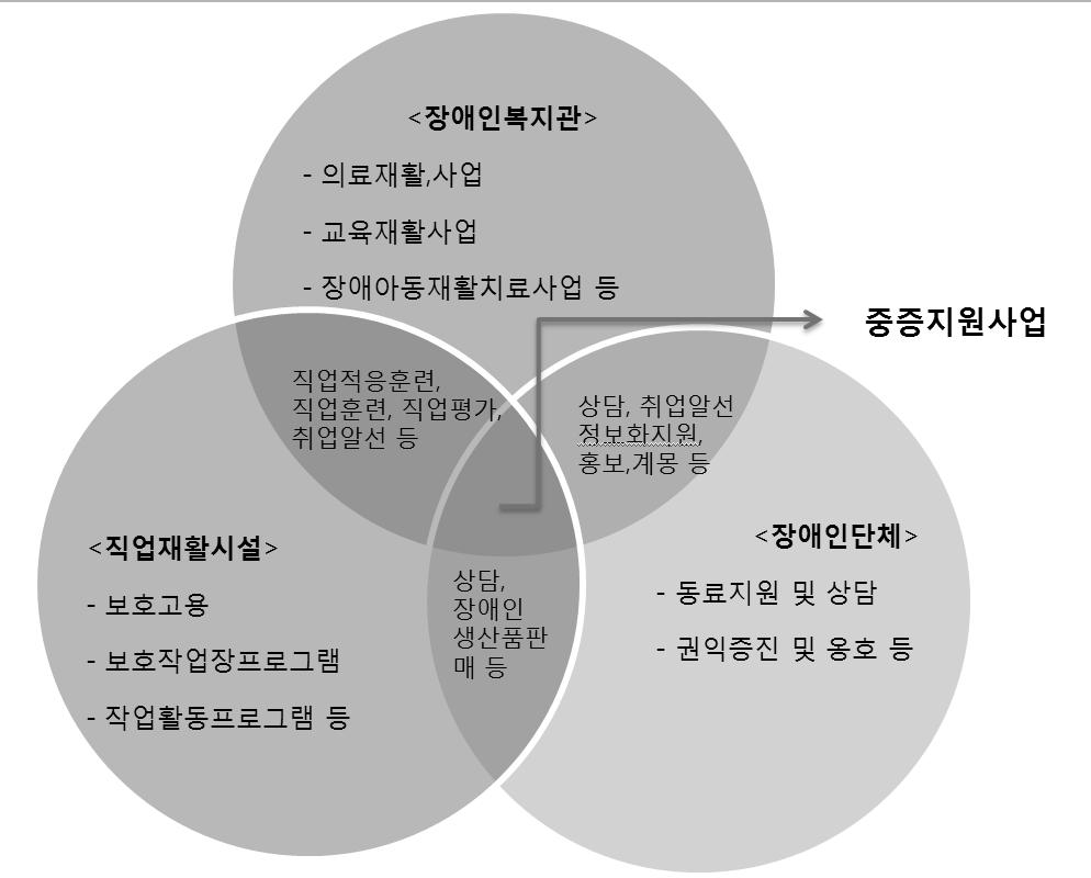 Ⅳ. 결론및제언 [ 그림 4-1] 직업재활사업수행기관별사업내용 여기서각기관간겹쳐지는부분을중복되는사업, 즉중증지원사업으로볼수있으며, 그외의사업은각기관마다수행하는고유한사업이다.