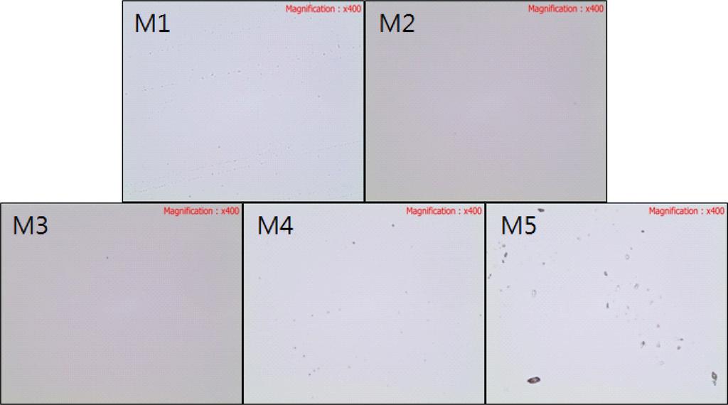 166 양준호 조용주 송기창 Fig. 7. Optical microscopic surface images of hard coating films prepared with different amounts of organic polysilazane in Table 1. Table 2.