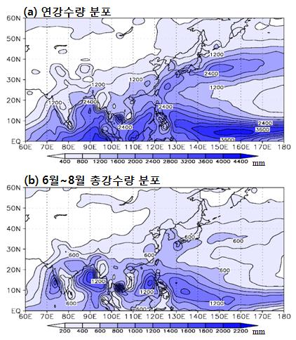 제 2 장장마의기후학적특성 (a) 연강수량분포 (b) 6 월 ~8 월총강수량분포 [ 그림 2-1] 30 년기후평균