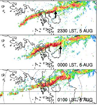 서울의북쪽에위치한 A지역의뇌우복합체는 50~60 km h -1 의속도를가지고남동쪽으로이동하고있으며 ([ 그림 3-8] 의 0130 KST), 또다른구름무리들 (B와 C) 은시간이지남에따라발달하는것을볼수있다. 자동기상관측시스템에서관측된 A지역의 1시간당강수량은 136.