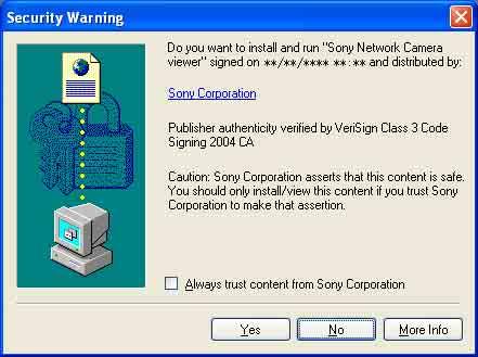 Yes를클릭하면 ActiveX control이설치되고라이브뷰어가표시됩니다. 네트워크에서동시에뷰어를볼수있는최대사용자수는 20명입니다 (SNC-CX600W/CX600: 5명의사용자 ). 그러나카메라의전송능력이과부하상태가되면액세스한사용자수가최대사용자수보다작아도카메라에액세스가되지않을수있습니다. 사운드도함께모니터링하는경우최대사용자수는 10명입니다.