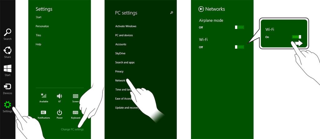 태블릿설정관리 5 Wi-Fi 설정 Wi-Fi 켜기 / 끄기 1. 화면의오른쪽가장자리를밀면아이콘표시줄이표시됩니다. 2. 설정 PC 설정변경 네트워크 비행모드를터치합니다. 3.