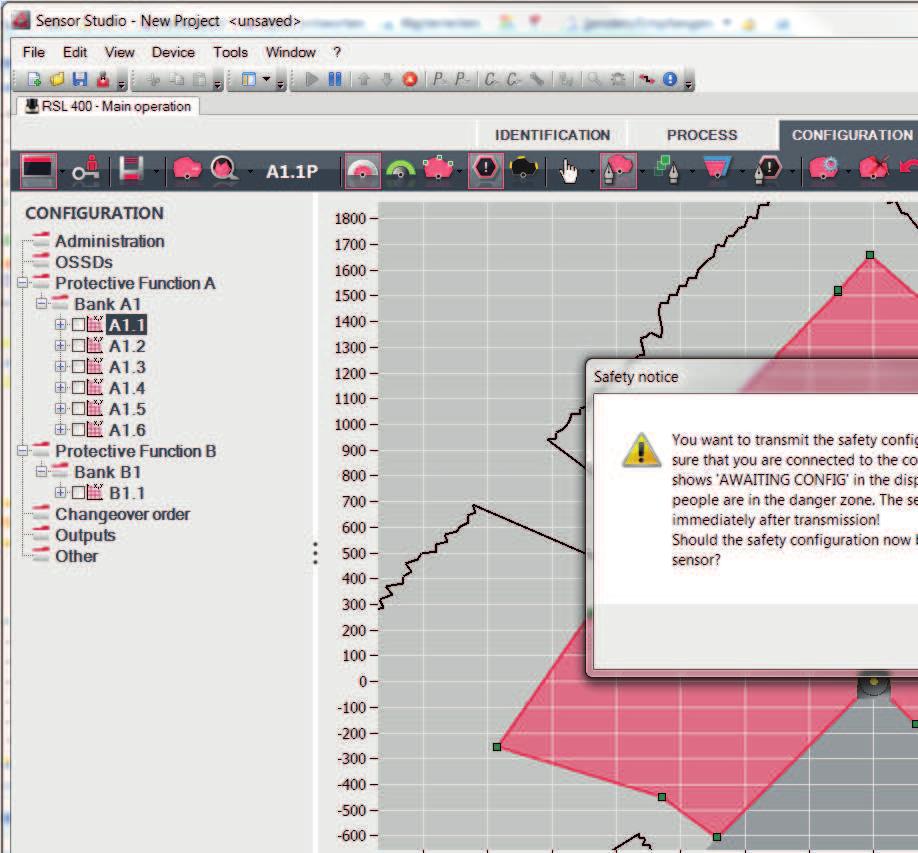 안전센서구성 그림 9.3: 안전구성을다운로드하기전점검 소프트웨어가구성프로젝트데이터를안전센서로전송합니다. 전송이완료되는즉시안전센서가안전모드로전환됩니다. 즉, 모든조건이충족되는경우안전스위치출력부가켜집니다. 구성데이터가안전센서의연결유닛에저장됩니다. 안전구성복사본이안전센서의스캐너유닛에저장됩니다.