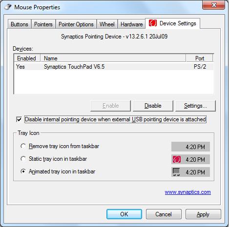 2. 상단의장치설정 (Device Settings) 을클릭하고, 외부 USB 마우스가연결되어있을때비활성화됨 (Disable internal pointing device