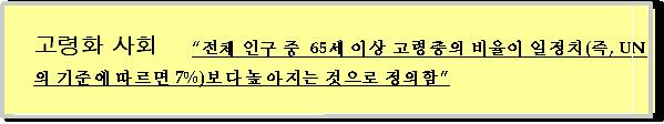 고령화사회와고령자개념 - 6 - 고령화사회는일반적으로 65 세를기준으로일정비율이상 (7%) 인경우를의미하며, 우리나라의고령자기준은 55 세이상에서 65 세이상으로다양하게적용하고있다.