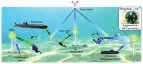 수중무선광통신기술동향 Underwater Wireless Optical Communication 적용한연구가있다. 수중무선광통신은저지연의높은용량을제공하지만 수중채널의다양한특징으로장거리전송에부족하므로커버리지확장기술이필요하다. 따라서 MIMO, OFDM, 공간변조기술등의공간및다중파다이버시티기술을적용한연구도있다. LED기반수중무선광통신기술은일부상용화되었다.