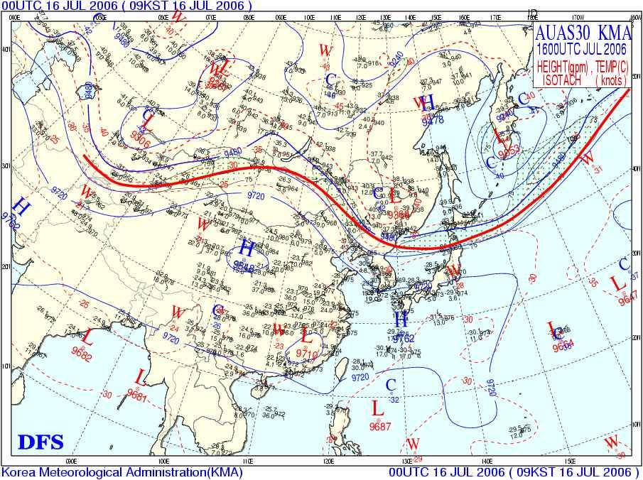 그림 2. 장마전선에영향을미치는 5개의기단이남서풍은중국에위치한저기압과북태평양고기압 ( 장마백서, 2011)