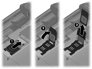 9. SIM 슬롯트레이를오른쪽으로밀어올려 (1) 분리하고슬롯트레이의왼쪽을들어올려서오른쪽위로회전시킨다음 (2) SIM 카드를제거합니다 (3). 10.