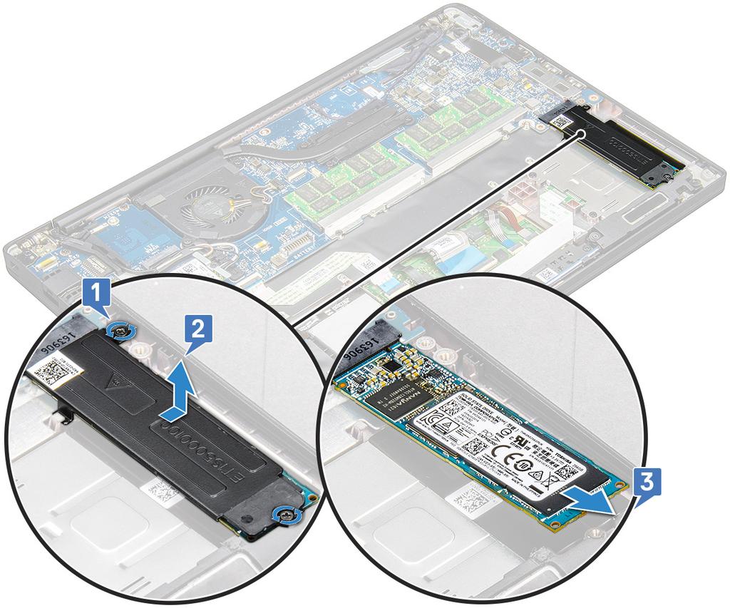 PCIe SSD 설치 1 PCIe SSD 카드를커넥터에삽입합니다. 2 PCIe SSD 카드위에 SSD 브래킷을설치합니다. 노트 : SSD 브래킷을설치할때브래킷의탭이손목받침대의탭에단단히고정되는지확인합니다. 3 2개의나사 (M2.0 x 3.