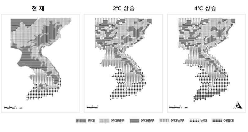 출처 : 산림청홈페이지 < 그림 1.7> 기온상승에따른산림식생대이동 2) 산림구성변화지구온난화가지속되면산림의호흡량이증가하고토양과유기물의분해속도가빨라져탄소배출이많아질것으로예측된다. 나무는수종별로다른생리기작을갖고있기때문에지구온난화가지속되면변화하는환경에따른수종간경쟁력이변화하고식생천이방향도바뀐다.