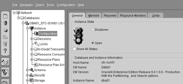 Shutdown ( ) Oracle Enterprise Manager를사용하여데이터베이스시작 OEM Console에서다음작업을수행합니다. 1. Databases > Instance로이동합니다. 2. Configuration을누릅니다. 3.