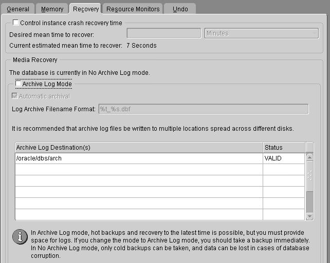 ÿ ( ) Oracle Enterprise Manager를사용하여아카이브정보얻기 OEM Console에서다음작업을수행합니다. 1. Databases > Instance로이동합니다. 2. Configuration을누릅니다. 3. General 페이지는다음을식별합니다.