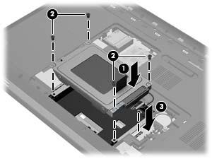 하드드라이브설치 1. 하드드라이브베이에하드드라이브 (1) 를장착합니다. 2. 하드드라이브나사 (2) 4 개를다시조입니다. 3. 하드드라이브케이블 (3) 을컴퓨터에연결합니다. 4. 하드드라이브덮개를다시장착하려면다음과같이하십시오. a.