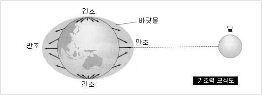 11 - 소조 : 간만의차가적은상태로달의형상이반월이되는전후수일간 중조 : 대조와소조사이의기간 장조 : 달의형상이상현, 하현을 1-2 일지난때의소조말기 약조 : 장조의다음날 ( 조의간만차가다시커진상태 ) Fig. 1. 기조력모식도. 조석에의해이동하는해수의흐름을조류라고한다. 이와같이조석에의해조류가생기므로조류의주기는조석의주기와일치한다.