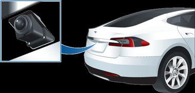 후방감지카메라 카메라위치 Model S 후면번호판위에후방감지카메라가장착되어있습니다. 기어를 R 로변경할때마다터치스크린에카메라화면이표시됩니다. 안내선이스티어링휠의방향에따른주행경로를보여줍니다. 스티어링휠의움직임에맞춰안내선이적절히조정됩니다.