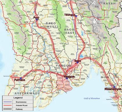 이머징씨티시리즈 21 그림 8 양곤인근지역주요간선도로망 자료 KOICA, 2015, 미얀마간선도로망마스터플랜수립사업 - 전체도로망의 21.1%(31,464km) 만포장되고나머지 78.9%(117,225km) 는 비포장도로임.