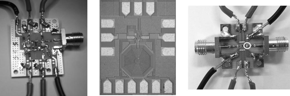 (a) (b) (c) (a) Hybrid (b) IC (c) Module with IC 그림 10. NIC Fig. 10. Photograph of fabricated NIC circuits.,. NIC. 3-3 집적회로 OCS NIC 의측정결과 10 (b). NIC 615 μm 762 μm,. MMIC on-wafer probing,. 10 (c).,. 3 GHz S-, NIC S-.