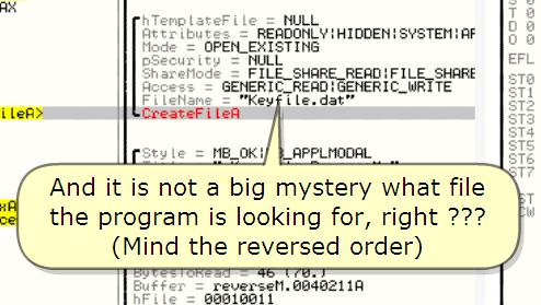 ?? (Mind the reversed order) 헤헤, Olly에서찾는 file 이름이무엇인지봐. 그리고이것은프로그램의큰문제가아니야. ( 반대순서를기억하자.) In short: the ReverseMe is looking for a file called "Keyfile.