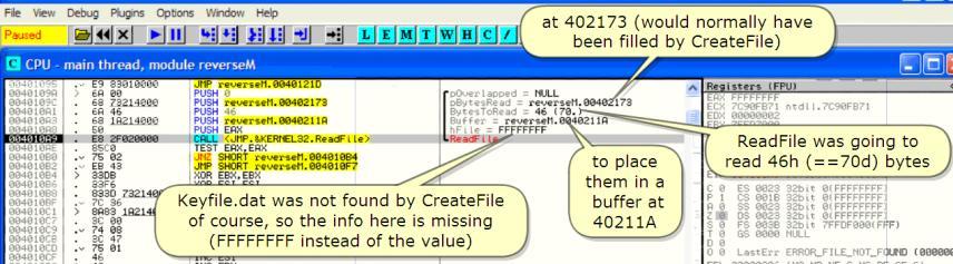 In short: ReadFile tries to read our Keyfile.dat for a certain number of bytes which it puts in a buffer at a certain address if successfull. Understood? 요약하면 : ReadFile은성공하면 Keyfile.