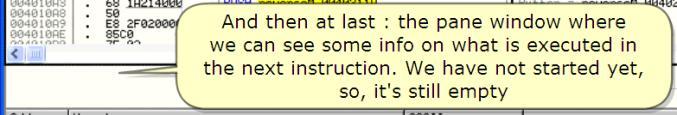 Olly는우리가쉽게사용할수있게 comment를넣는다. And then at last : the pane window where we can see some info on what is executed in the next instruction.