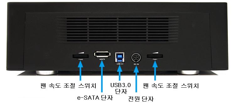 - HDD 베이 ( 소스 ): 소스 ( 원본 )HDD 를장착합니다. - LCD 표시 : 제품의동작상태를표시합니다. - 기능버튼 : 메뉴항목을이동, 선택합니다. 3) 뒷면. - 팬속도조절스위치 : 팬꺼짐또는팬속도를조절할수있습니다. - e-sata 단자 : e-sata 케이블을연결합니다. - USB3.0: USB3.0또는 USB2.0 케이블을연결합니다.
