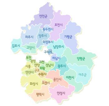 40 이러한지리적 경제사회적여건들이서울을중심으로연계됨에따라철도 와도로등교통망이서울을중심으로방사형및환상형으로서울과연계 되어있음 [ 그림 3-1] 경기도행정구역도 경기도는한반도의서쪽중앙에위치하고있어서기후가남부와북부사이에점이적성격을나타내며연평균기온은 이고북동부산악지대의온도가낮고남서부해안지역이약간높음 경기도지역의기상관측지점인수원 양평 이천지역의 년난방도일