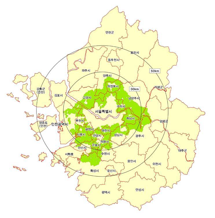 제 3 장지역특성및에너지수급분석 55 규제분야면적해당시군비고 수정법적용 10,172km2 31개시 군 도면적의 100%, 수도권의 86% 군사시설보호구역 2,396.85km2 26개시 군 도면적의 23% ( 북부지역의 45%) 팔당특별대책지역 2,097km2 7개시 군 남양주, 광주, 용인, 여주, 이천, 양평, 가평 상수원보호구역 158.