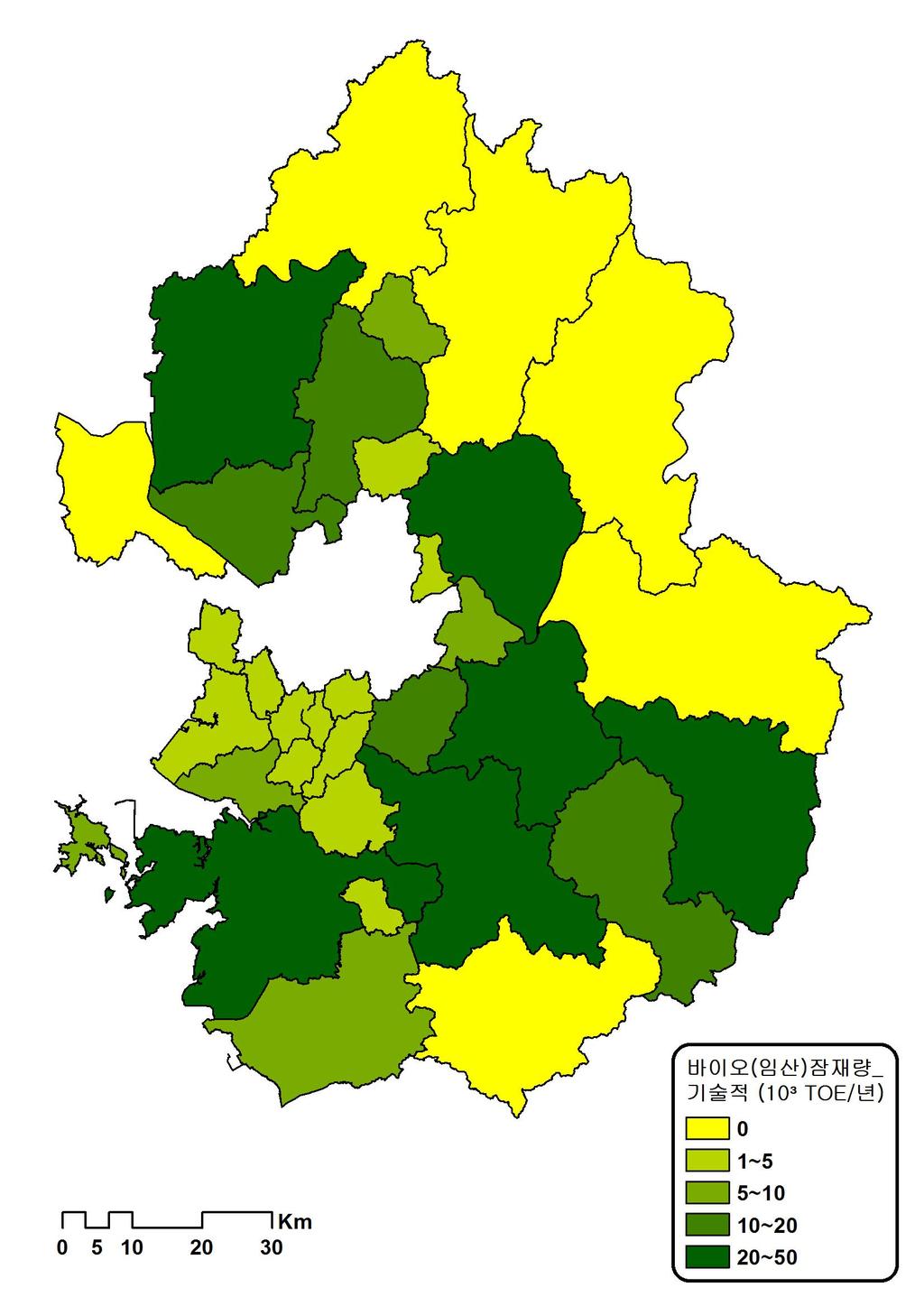 제7장 신 재생 및 미활용 에너지의 개발 보급 대책 255 [그림 7-14] 경기도 지역 바이오에너지(농산) 자원잠재량 현황 천toe/년) 기술적 잠재량