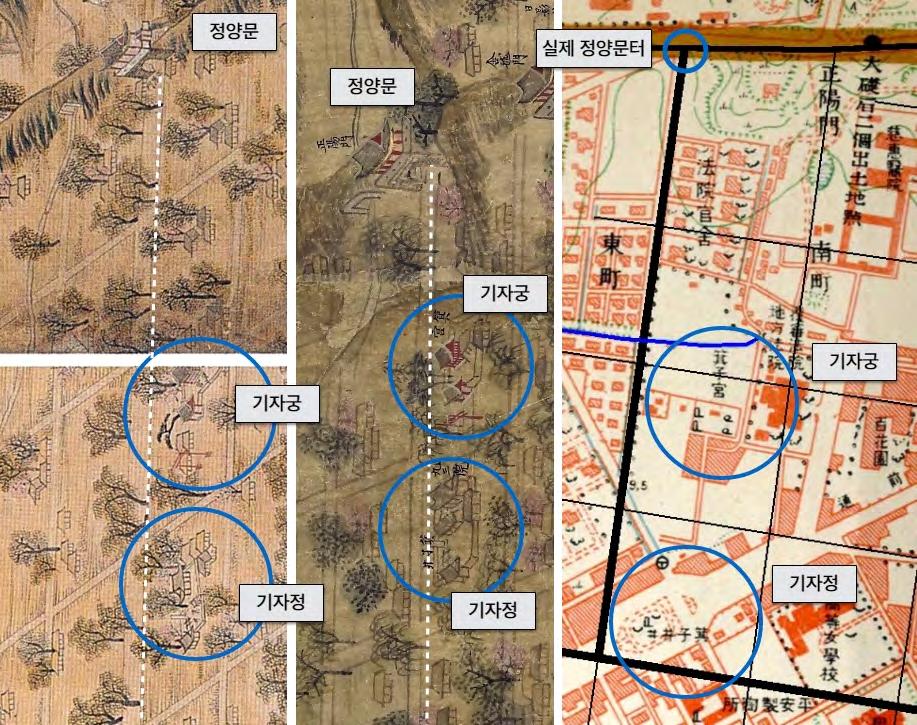 기때문에평양병풍도에도그모습이그려져있다. 이에따르면서울대학교박물관소장평양병풍도와육군박물관소장평양기성도모두정양문을기준으로남쪽으로뻗은대로의우측에기자궁기자정이확인된다. 1929년석표도에도기자궁과기자정유적의위치가표시되어있다. 다만이지도에서는정양문남쪽대로의좌측에기자궁과기자정이있는것으로되어있다.