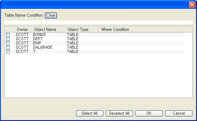 항목 ( 기본값 : 빈값 ( 테이블의전체레코드를의미한다.)) Table Name Condition Insert Table Data by One Row [ADD TABLE] 버튼을클릭하여 Where Condition 을입력하면해당 조건에해당되는데이터만마이그레이션한다. 테이블의데이터를한개의레코드씩마이그레이션한다.