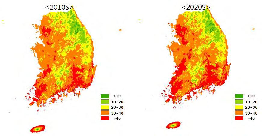 국립산림과학원 그림 10. 기후변화 RCP4.5 시나리오로추정한 2010 년및 2020 년대 소나무재선충병발생위험도 (MB 지수활용 ) (2) 피해확산원인분석및확산모델개발 소나무재선충병의위험도지수인 MB지수를추정하기위해기상청에서배포한상세기후변화시나리오 RCP 4.