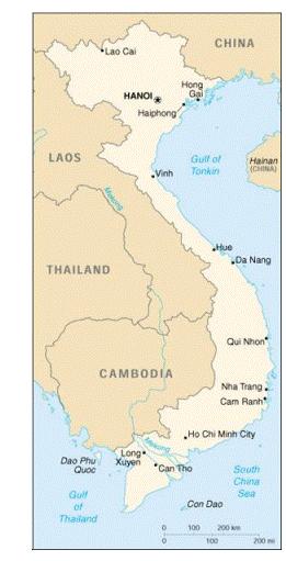 5. 베트남 가. 일반현황 정식명칭은베트남사회주의공화국 (Socialist Republic of Vietnam) 이다. 북쪽은중국, 서쪽은라오스및캄보디아와접하고동쪽은바다를면하고있다.