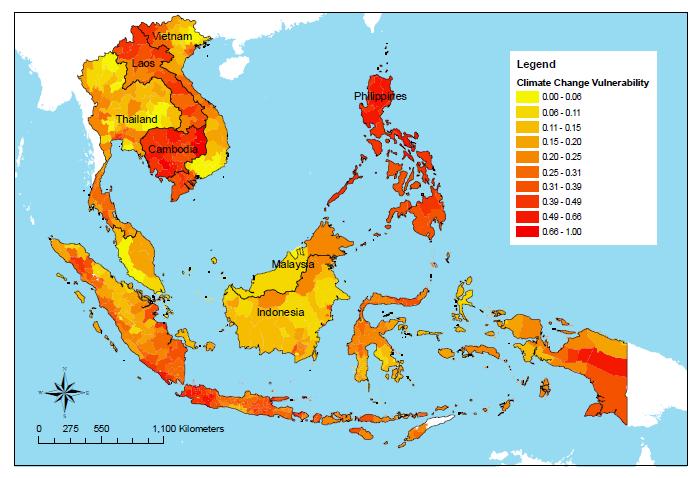 50 기후변화적응강화를위한사회기반시설의취약성분석및대응방안연구 Ⅱ 자료 : Yusuf & Francisco, 2009 그림 3-1. 서남아시아지역의기후변화취약지도 이처럼취약성의연구동향은지표중심에서공간분석적측면을더하여그결과를 지도로표현하는추세이다. 나. 취약성평가방법론개발 여기서는전국을대상으로사회기반시설의기후변화에대한취약성을평가하고취약성의분포 를파악한다.