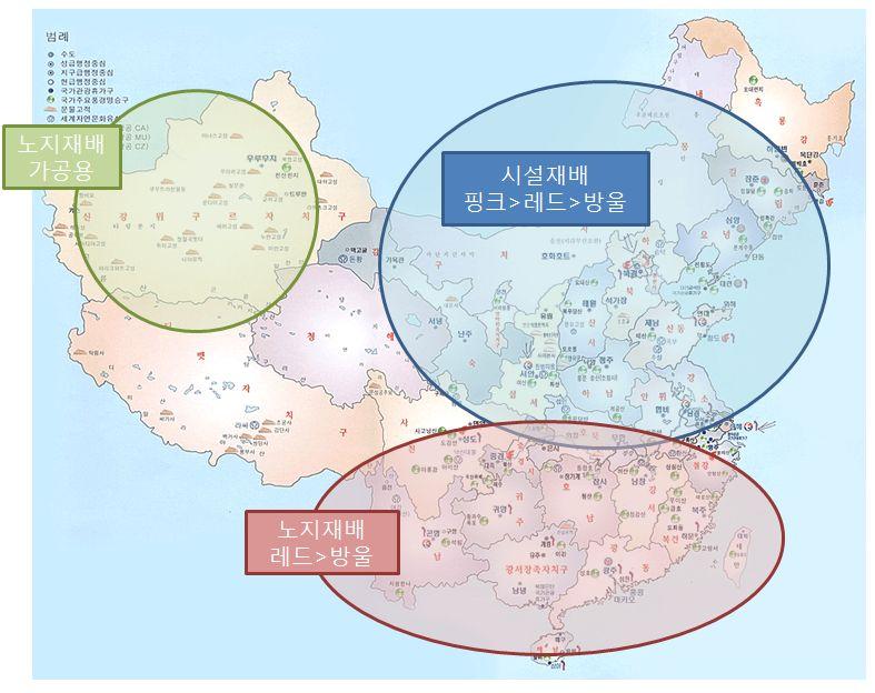 시설재배의경우가을작형, 봄작형, 월동작형으로크게 3가지의재배작형이주를이루며, 가을작형은 7~8 월에파종을하여 11월 ~ 이듬해 1월에수확을하며산동성은 5~8