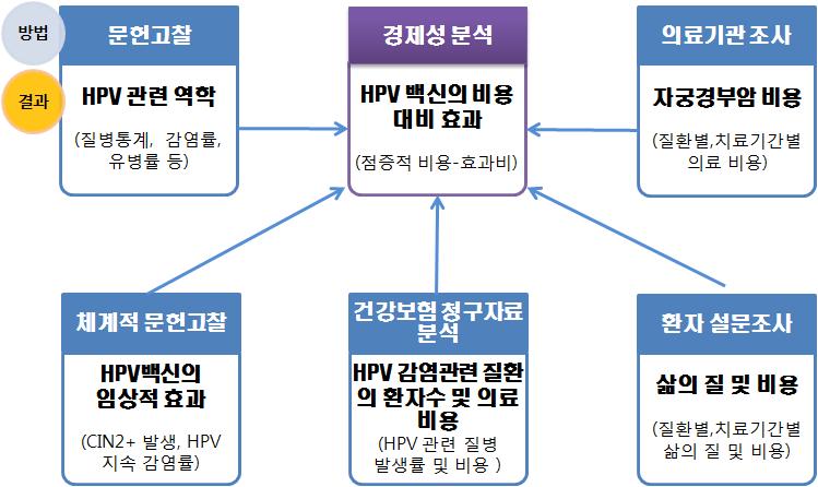 서론 역학자료가있을경우가능한국내자료를제시하였으며외국역학자료를통해한국의상황과차이점이있는지검토하였다. 여기에는다음과같은내용들이포함된다. 한국에서의성행동패턴, 백신접종률, HPV 감염률및 HPV 유형, 자궁경부암전암상태와침윤성자궁경부암에서의 HPV 유형분포및발생률 / 유병률등과같은내용을다루었다. 둘째, 체계적문헌고찰을통하여 HPV 백신의임상적효과를평가하였다.