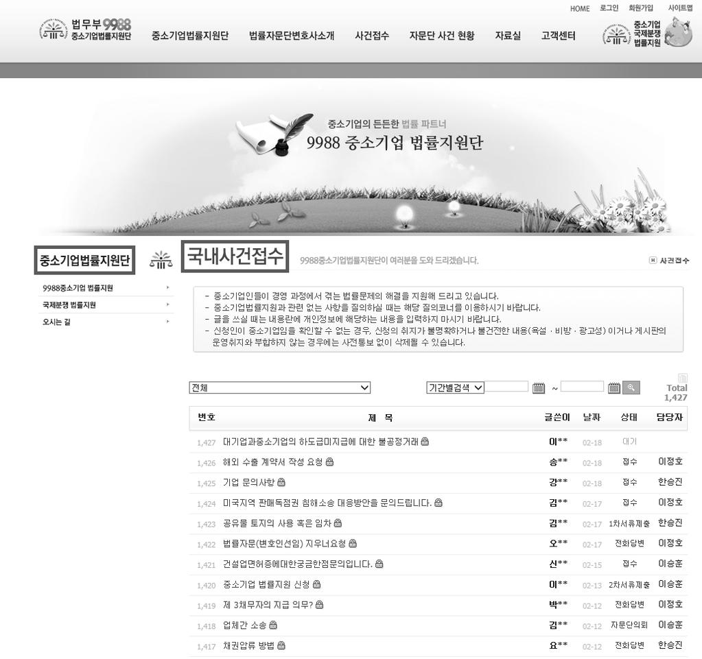 신청업체는사업자등록번호등으로중소기업임을소명 - 단, 중소기업을설립하기위해필요한법률상담을요청하시는경우에는예외 상담신청 전용상담전화 (02-3418-9988)