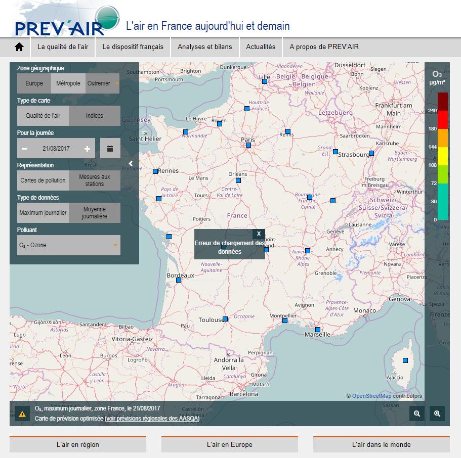 4 절프랑스미세먼지관리대책및정책 프랑스는 [ 그림4-8] 과같이국립환경연구원 (L'Institut National de l'enviro nnement Industriel et des Risques, INERIS) 에서제공하는대기질예측국가플랫폼인 PREV'AIR 를통해자체홈페이지에공개한다.