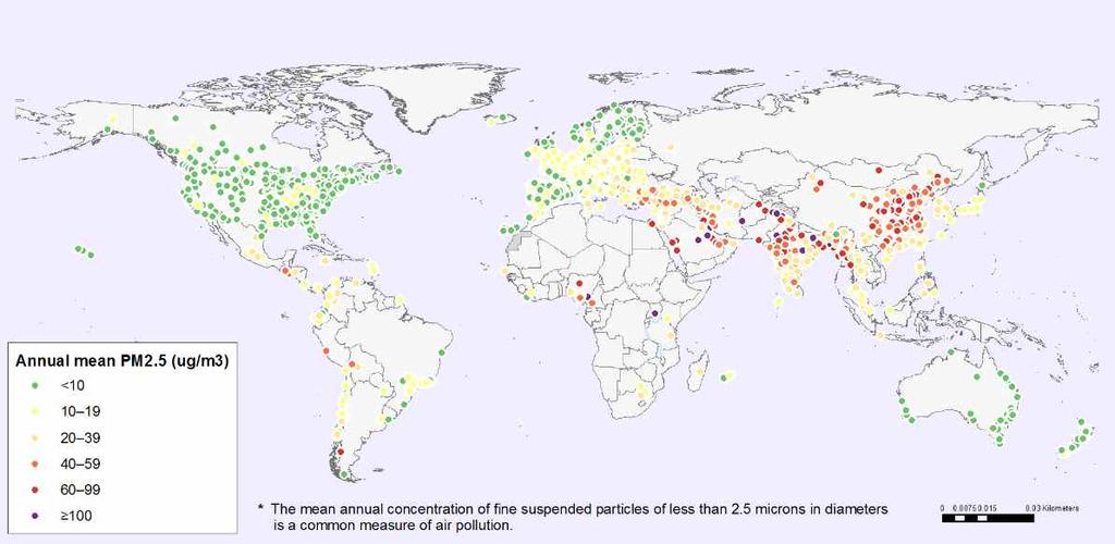 Ⅰ. 연구개요 세계보건기구 에서발표한주요대도시의 지도에따르면한반도의연평균농도는 수준이며 년서울의 농도는연평균 일평 균최대값은 으로세계보건기구의권고기준을크게초과 그림 주요대도시의 농도 주 : PM2.5 농도는주요대도시의연평균농도를의미함. 자료 : 세계보건기구 (WHO), Global Health Observatory Map Gallery, 2016.