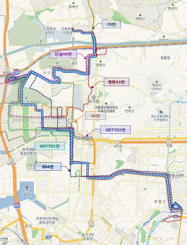 청라자이, 가정동성당, 신현여중후문, 독골사거리, 강남시장, 성민병원, 석남아파트, 원적산터널, 부평경찰서, 부평구청 부평시장 05:00 05:30 22:30 24:00 15 53.