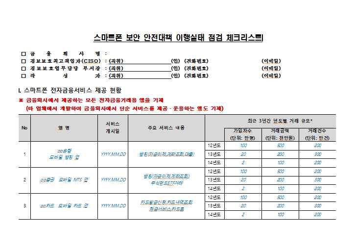 PENTEST CHECKLIST (MOBILE APP) 체크리스트기반어플리케이션진단절차 금융감독원의 스마트폰보안안전대책이행실태점검체크리스트 의 14