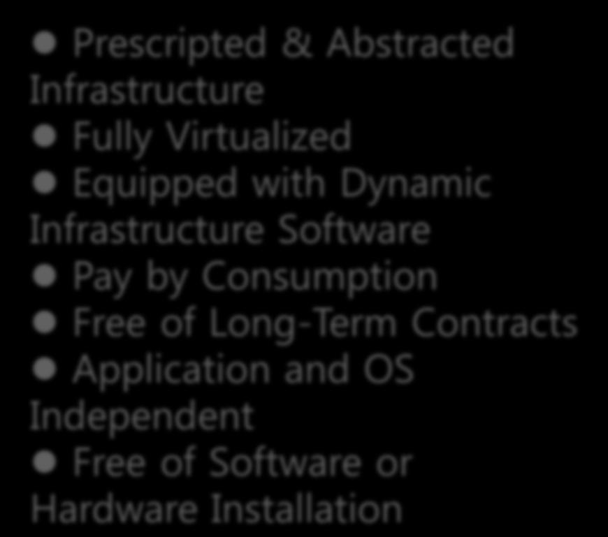 클라우드컴퓨팅의특징과장점 #9 특징 장점 Prescripted & Abstracted Infrastructure Fully Virtualized Equipped with Dynamic Infrastructure Software Pay by Consumption