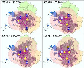 ( 좌 ) 에기반한권역외상센터배치모델구현 ( 우 ) 그림 103 외상센터배치수에따른지리적커버리지분석 ( 분석자료 ) 고위험분만센터배치를위해필요한자료원은총두가지임