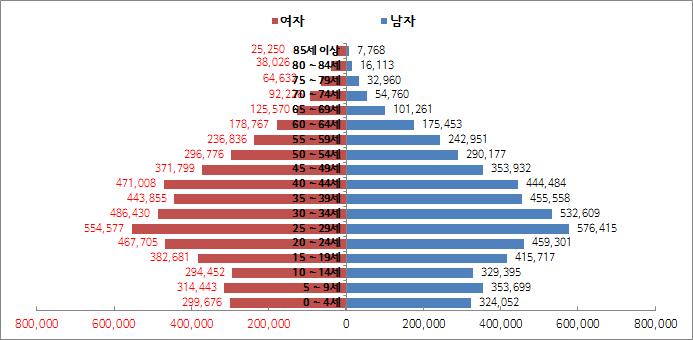 제 6 기서울특별시지역보건의료계획 2) 연령별인구 인구피라미드는 2013년 20대이하가전체인구의 33.2%, 30~50대는 50.3%, 60대이상이 16.