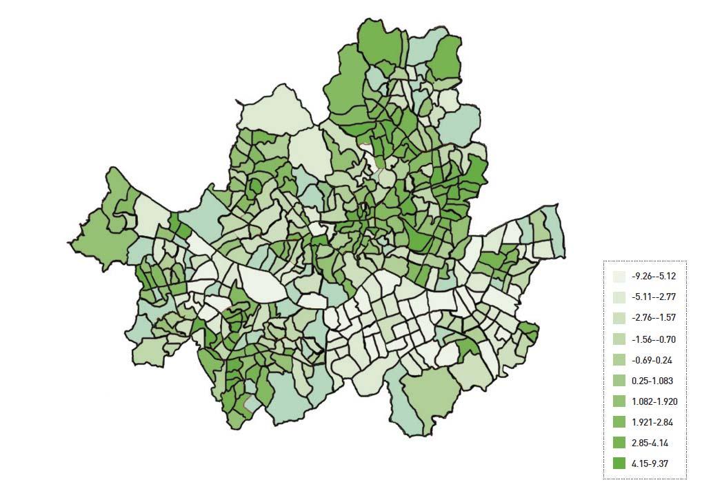 제 1 장지역사회현황 - 2010년현재가장낮은지역박탈지수를보인동은강남구대치 1동으로 -9.26이었으며, 가장높은지역박탈지수를보인곳은중구회현동으로 9.37임 그림 37. 2010년서울시동별지역박탈지수현황 - 동별지역박탈지수평균값이 -5.21로가장낮은서초구의경우대부분의동들이서울시평균이 0미만인지역들이며, 가장높은동의지역박탈지수가 0.
