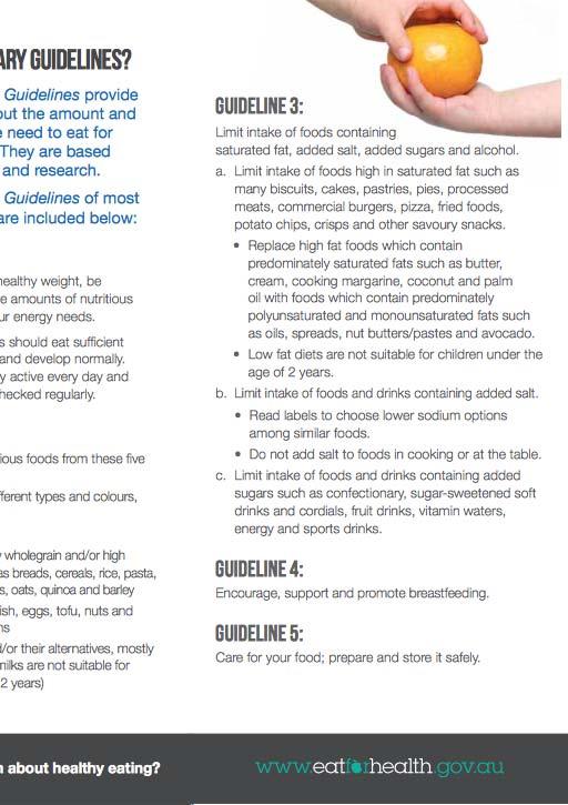 (Department of Health) 는 8가지지침으로구성된 호주인을위한식생활목표 (Dietary Goals for Australians) 를개발하였다.