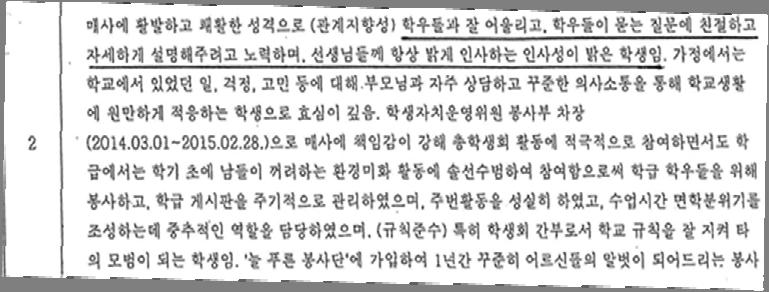 이학생의경우는학급임원으로활동하면서학급의면학분위기를환경정리와면학분위기를조성하기위해노력하는가운데, 급우들과의관계에서있었던갈등상황을구체적으로다루면서그것을해결한과정을그리고있다.