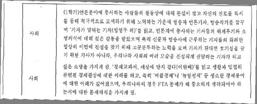 학생부종합전형대비학생지도안내자료 ❷ 일반교과수업으로는인문학적호기심을해소할수없는것이아쉬워경북대철학과와윤리과교수님이진행한 < 동 서양고전특강 > 에참여해강의를듣게되었습니다. 평소에는당연히여기며무심코넘어갔던것들에대해깊이사유해보는것, 시대가변해도여전히중요한가치들을공부하는것은다소어렵기도했지만보람있는활동이었습니다.