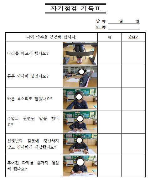 비디오자기모델링을활용한자기관리전략이초등특수학급학생의문제행동과수업참여행동에미치는영향 117 (3) 자기평가기록표자기평가그래프는막대그래프형식으로자기평가와자기강화를위한것이다. Beverly, Kirstine, & Michelle(2006) 과권인순 (2008) 연구의실험도구를참고하여재구성하였다.